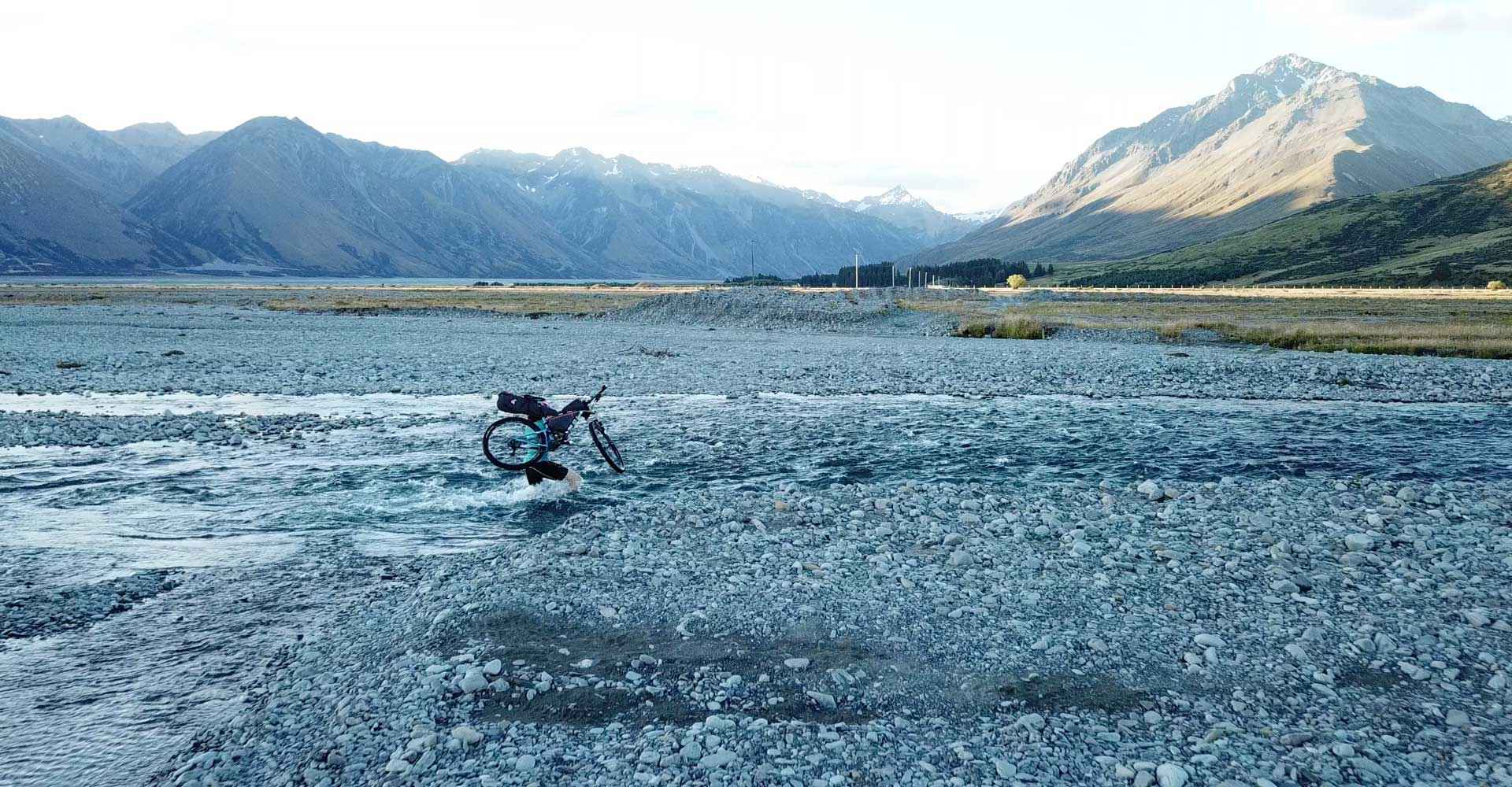 ROBO-KIWI Bikepacking Bags - New Zealand Bikepacking - crossing the Macauley River, Lake Tekapo 4
